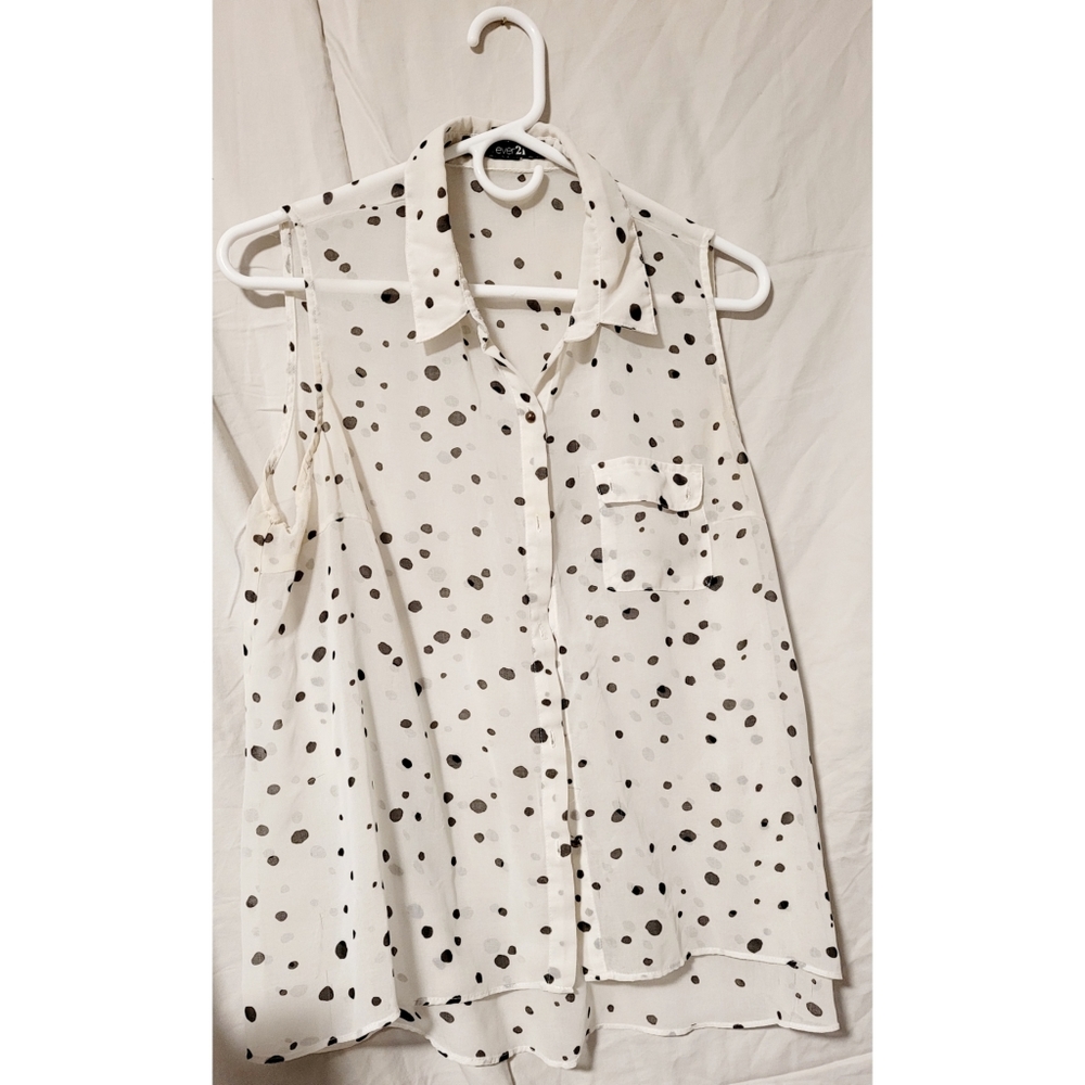 Thin opaque white and black polka dot button up